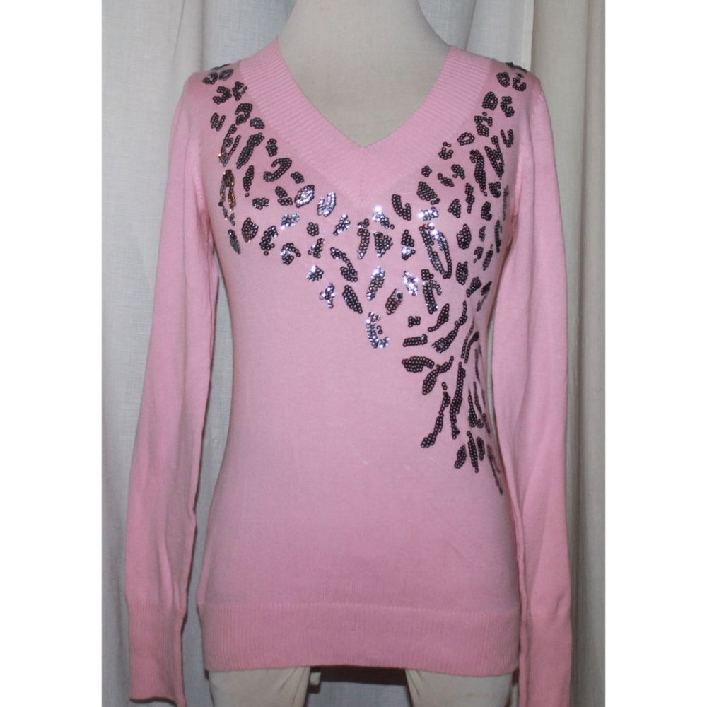 Women's New Direction Pink Silver Sequined Knit Long Sleeve Top Size S